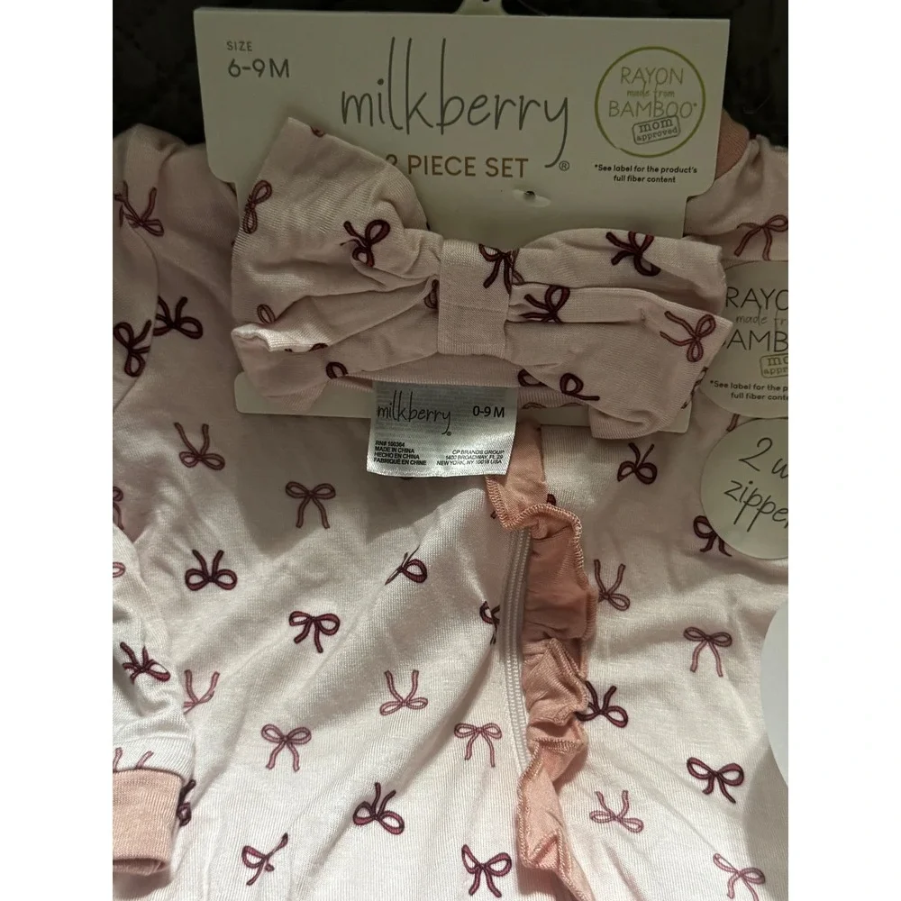Milkberry Baby Girl Bamboo Bow Footed Sleeper and Headband Set Pink 6-9M NEW